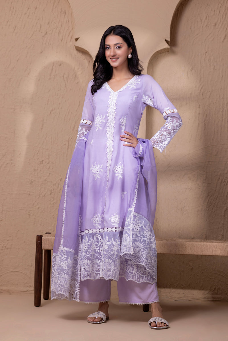 LAVENDER FLORAL ORGANZA EMBROIDERD SUIT SET