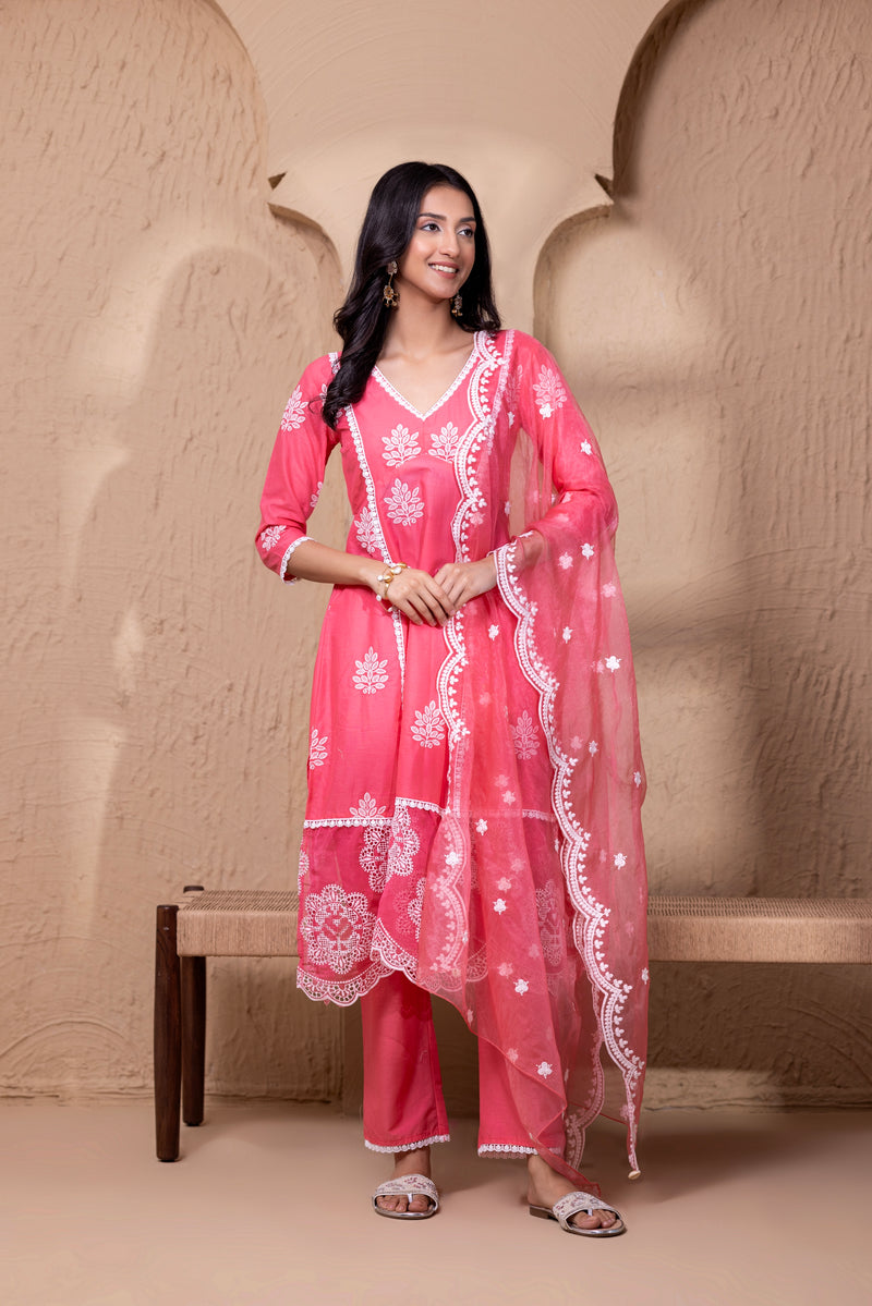 ROSE EMBROIDERED SUIT SET WITH ORGANZA DUPATTA