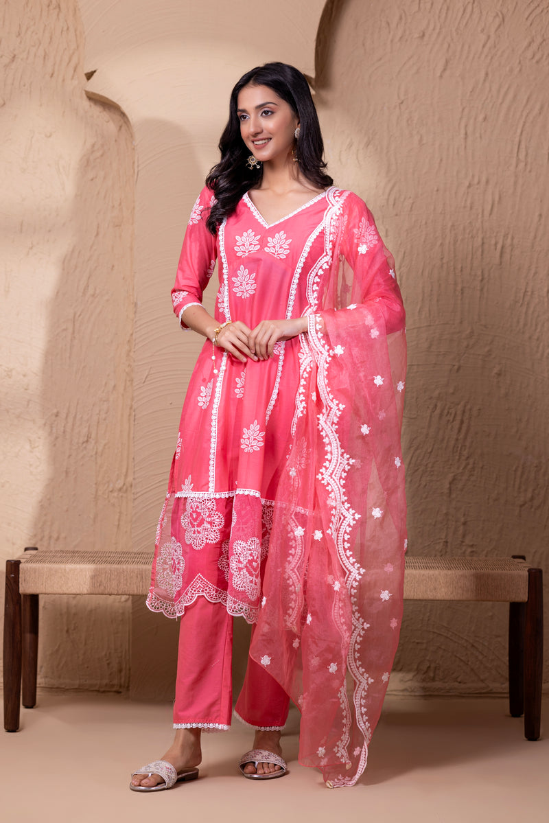 ROSE EMBROIDERED SUIT SET WITH ORGANZA DUPATTA