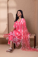 ROSE EMBROIDERED SUIT SET WITH ORGANZA DUPATTA