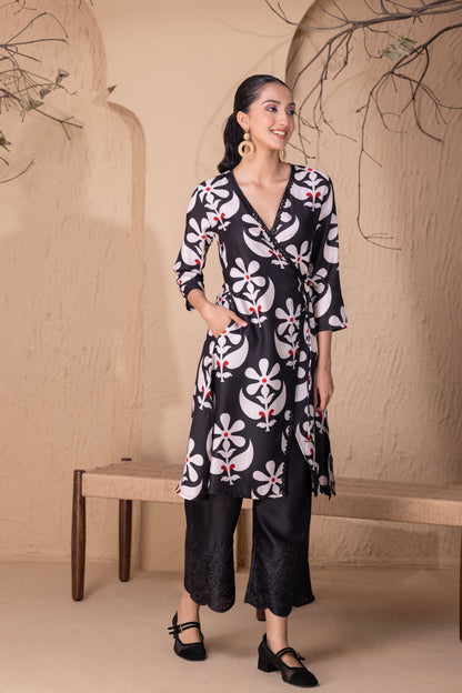 BLACK FLORAL PRINTED WRAP KURTA SET