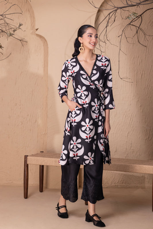BLACK FLORAL PRINTED WRAP KURTA SET