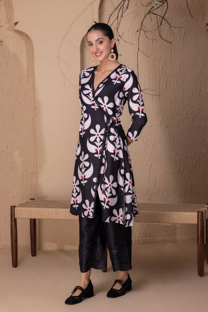 BLACK FLORAL PRINTED WRAP KURTA SET