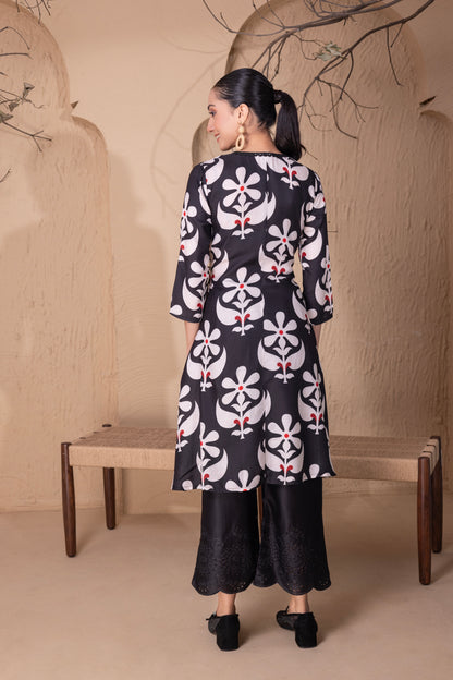 BLACK FLORAL PRINTED WRAP KURTA SET