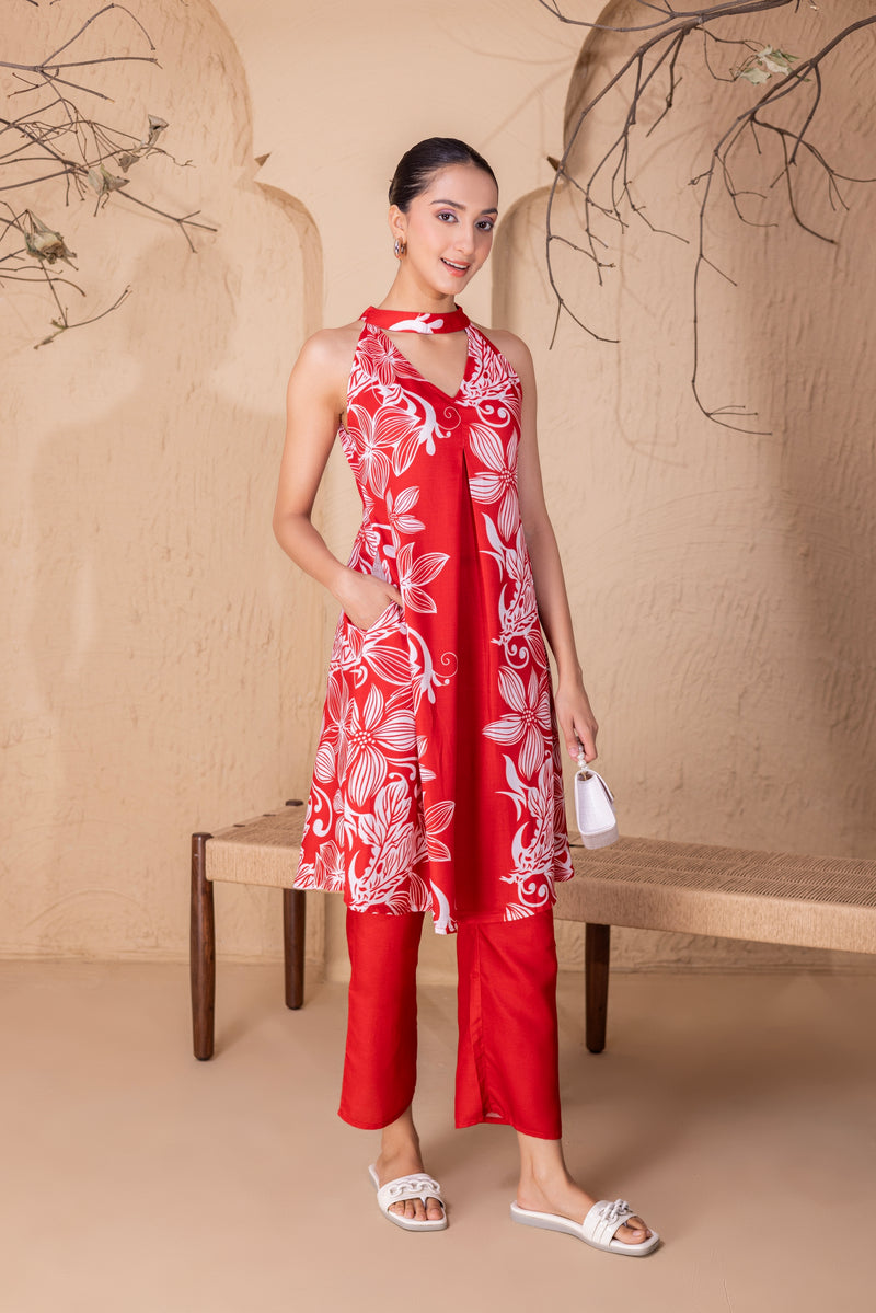 RED AND WHITE FLORAL PRINTED SET