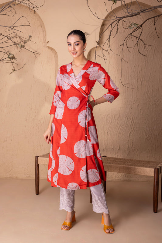 RUST ABSTRACT PRINT WRAP KURTA SET