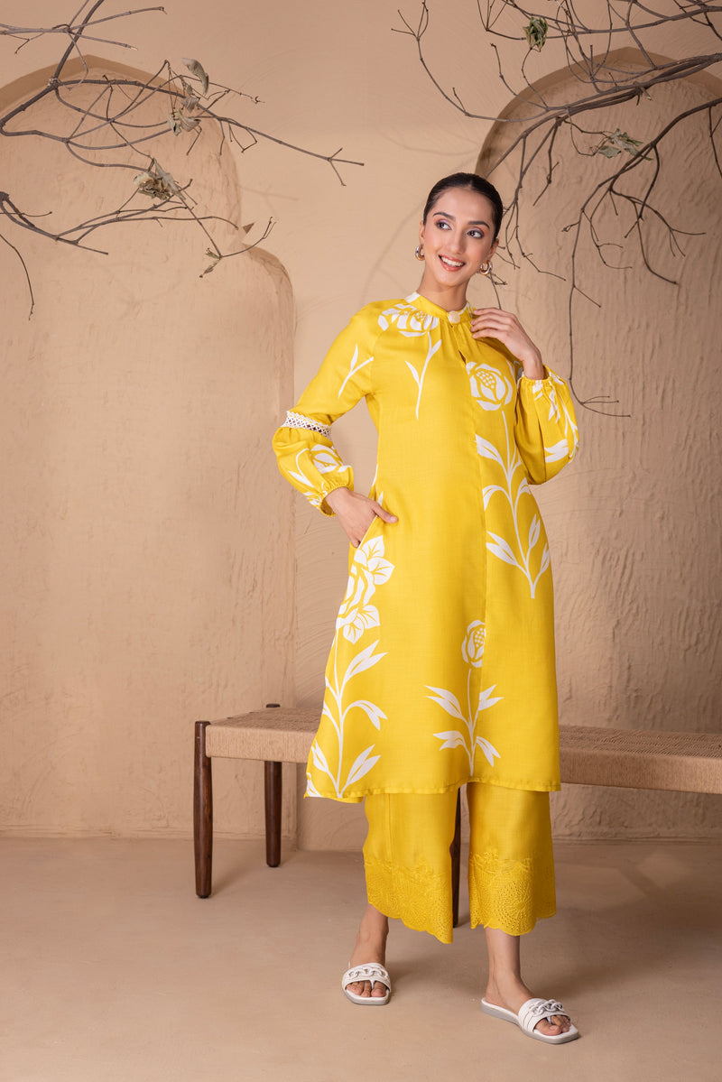 YELLOW FLORAL PRINTED KURTA SET