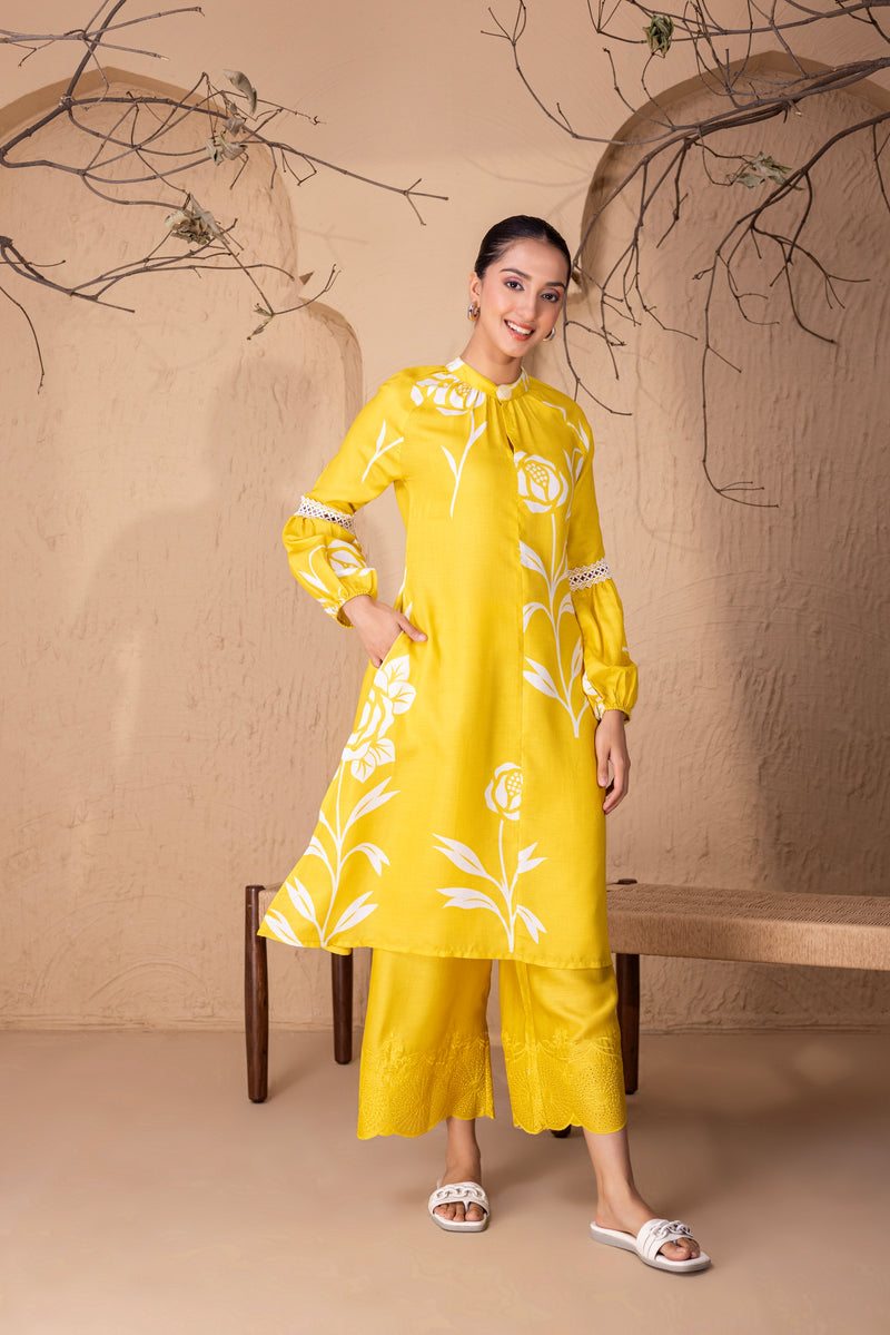 YELLOW FLORAL PRINTED KURTA SET