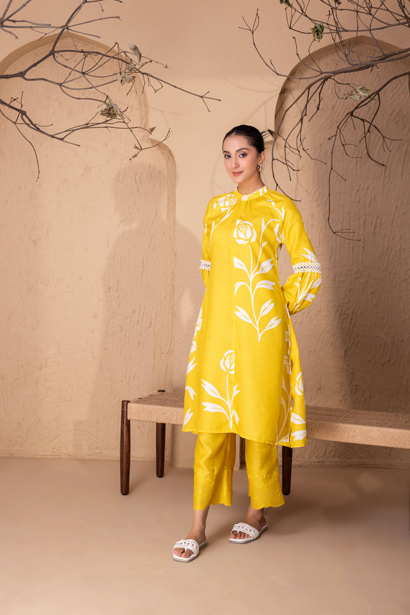 YELLOW FLORAL PRINTED KURTA SET