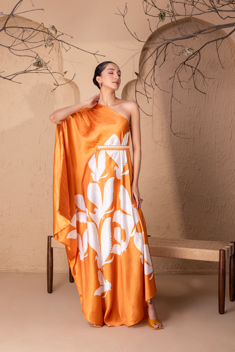 TANGERINE FLOCK DRAPE FUSION DRESS