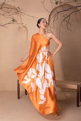 TANGERINE FLOCK DRAPE FUSION DRESS