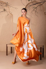 TANGERINE FLOCK DRAPE FUSION DRESS