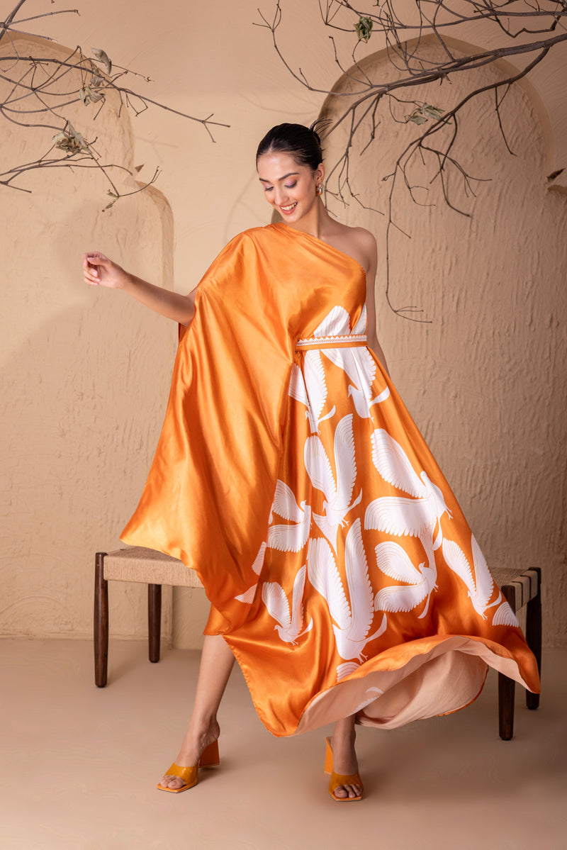 TANGERINE FLOCK DRAPE FUSION DRESS