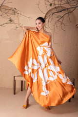 TANGERINE FLOCK DRAPE FUSION DRESS