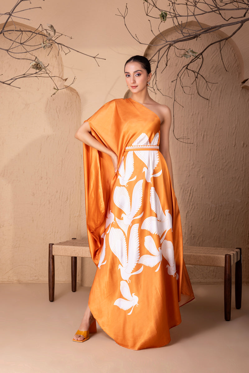 TANGERINE FLOCK DRAPE FUSION DRESS