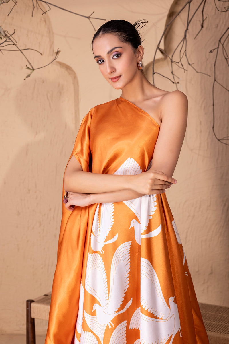 TANGERINE FLOCK DRAPE FUSION DRESS