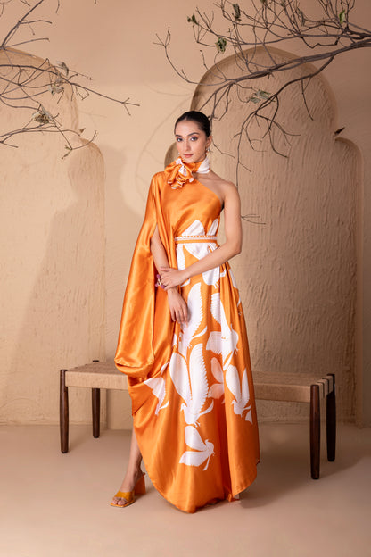 TANGERINE FLOCK DRAPE FUSION DRESS