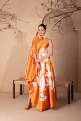 TANGERINE FLOCK DRAPE FUSION DRESS