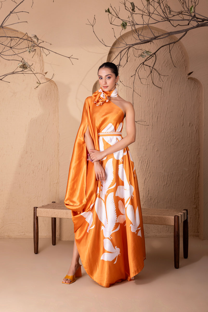 TANGERINE FLOCK DRAPE FUSION DRESS