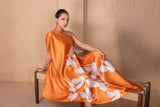 TANGERINE FLOCK DRAPE FUSION DRESS