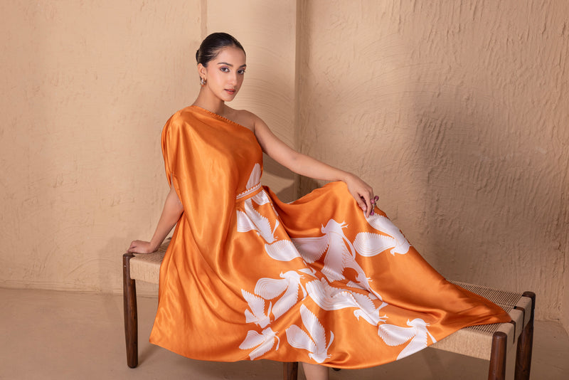 TANGERINE FLOCK DRAPE FUSION DRESS