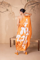 TANGERINE FLOCK DRAPE FUSION DRESS