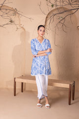 BLUE and White EMBROIDERED WRAP KURTA SET