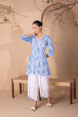 BLUE and White EMBROIDERED WRAP KURTA SET