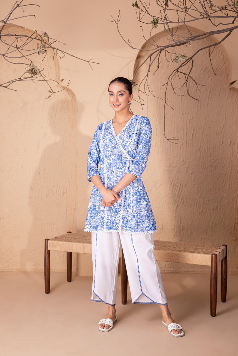 BLUE and White EMBROIDERED WRAP KURTA SET