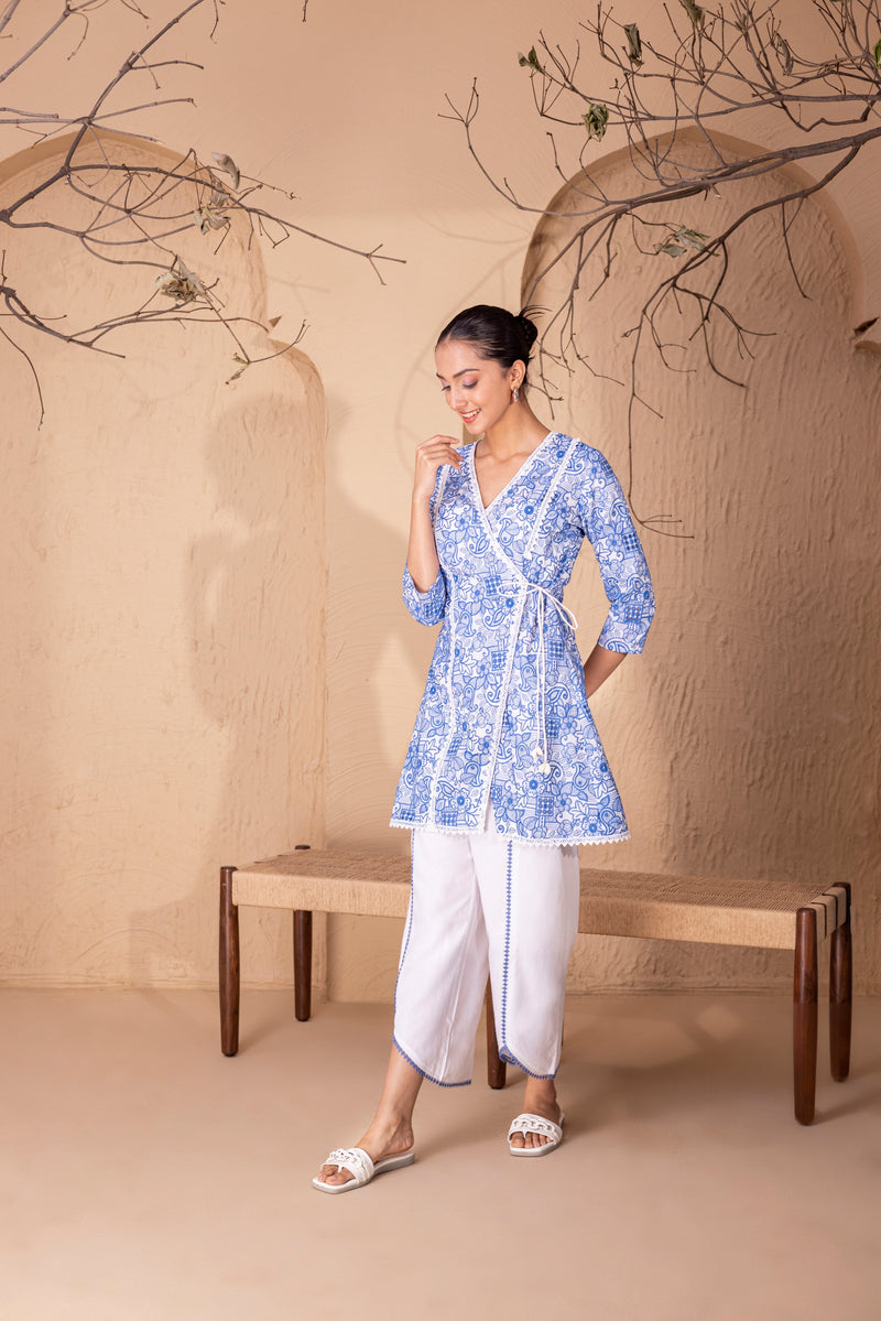 BLUE and White EMBROIDERED WRAP KURTA SET