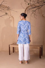 BLUE and White EMBROIDERED WRAP KURTA SET