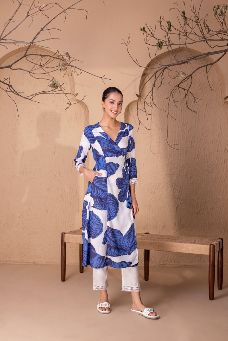 WHITE AND BLUE PALM KURTA SET