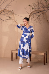 WHITE AND BLUE PALM KURTA SET