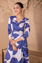 WHITE AND BLUE PALM KURTA SET