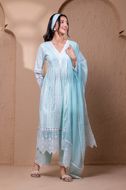 AQUA WHITE FLORAL FLARED ANARKALI SUIT SET