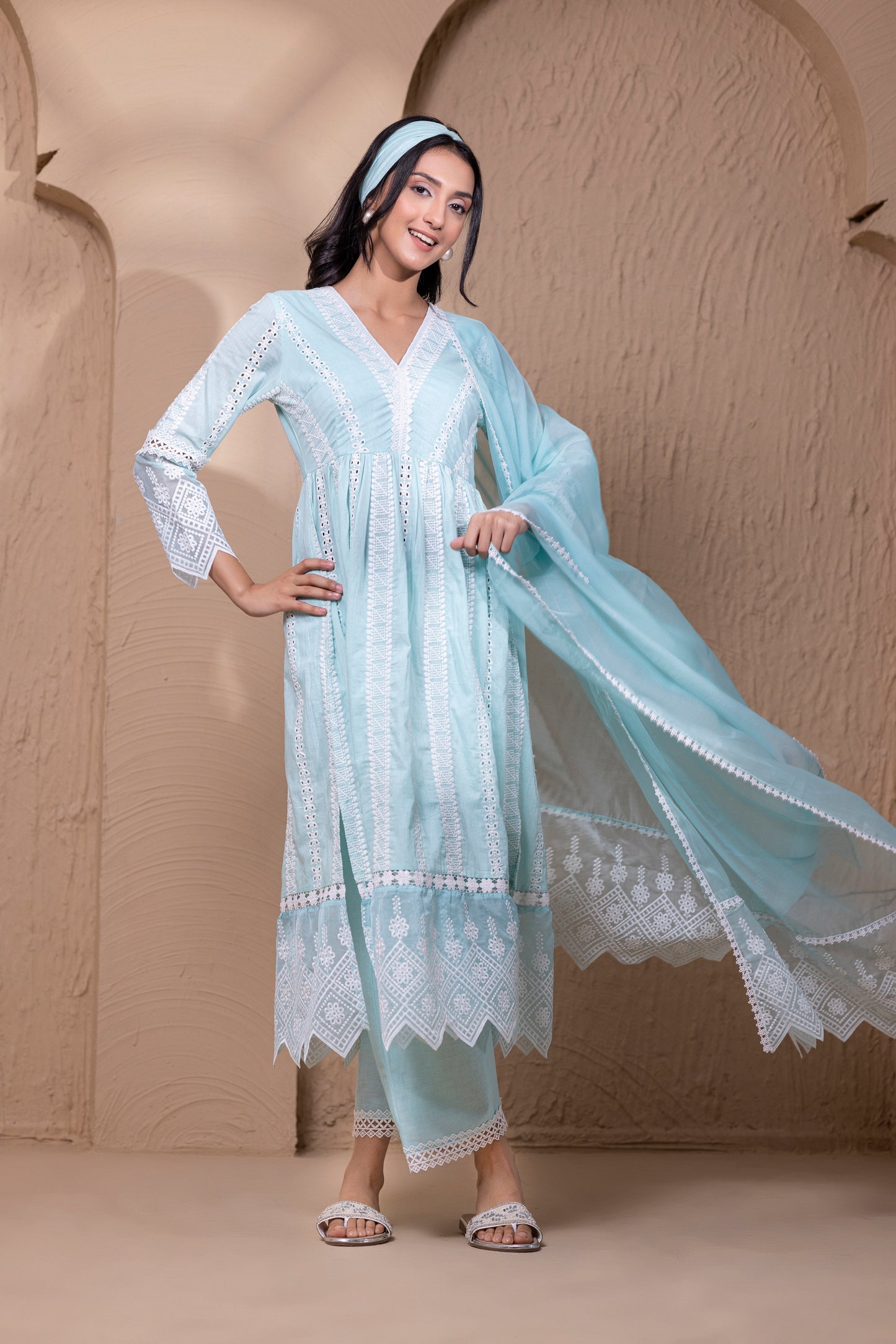 AQUA WHITE FLORAL FLARED ANARKALI SUIT SET