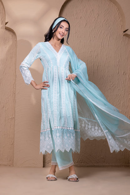 AQUA WHITE FLORAL FLARED ANARKALI SUIT SET