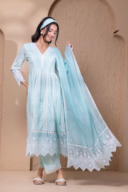 AQUA WHITE FLORAL FLARED ANARKALI SUIT SET
