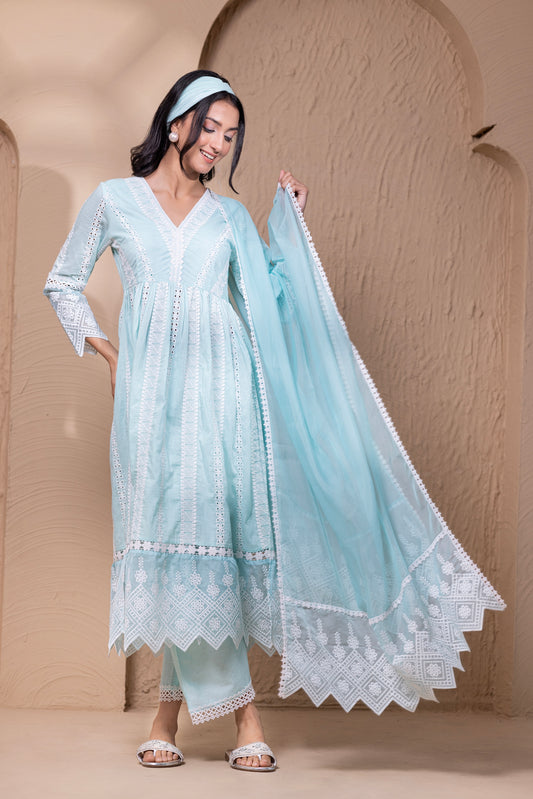 AQUA WHITE FLORAL FLARED ANARKALI SUIT SET