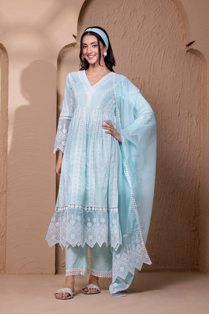 AQUA WHITE FLORAL FLARED ANARKALI SUIT SET