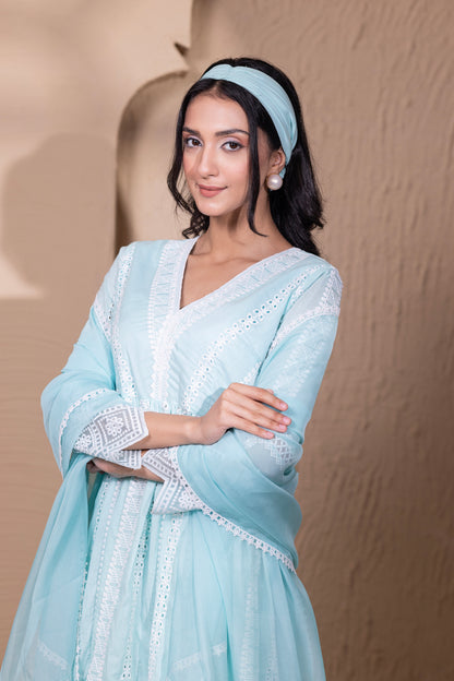 AQUA WHITE FLORAL FLARED ANARKALI SUIT SET