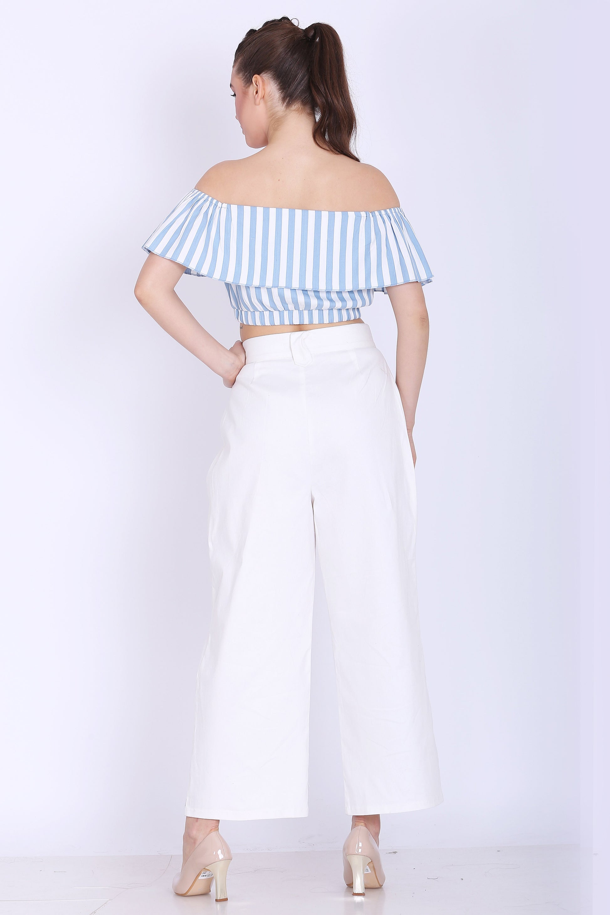 Women Top- Sea Blue and White Stripes Crop Top- sewandyou.com