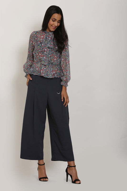 Teal Floral Print Top and Grey Culottes Set