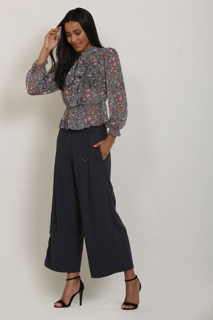 Teal Floral Print Top and Grey Culottes Set