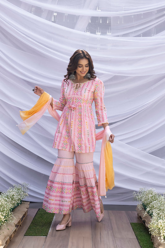 Gulabi Phulkari Style Embroidered Suit Set