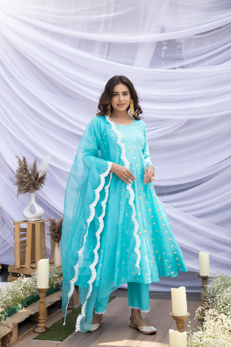 Tiffany Blue Lotus Embroidered Suit Set