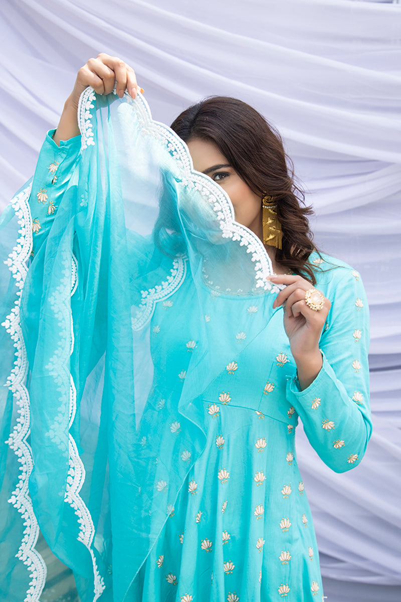 Tiffany Blue Lotus Embroidered Suit Set