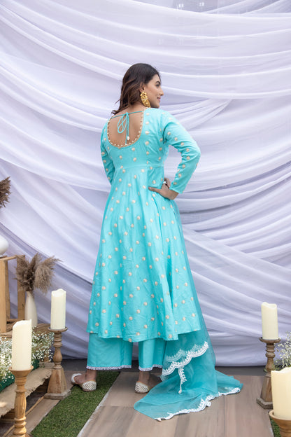 Tiffany Blue Lotus Embroidered Suit Set