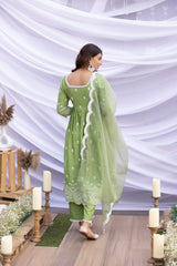 Fern Scallop Embroidered Suit Set with Organza Dupatta