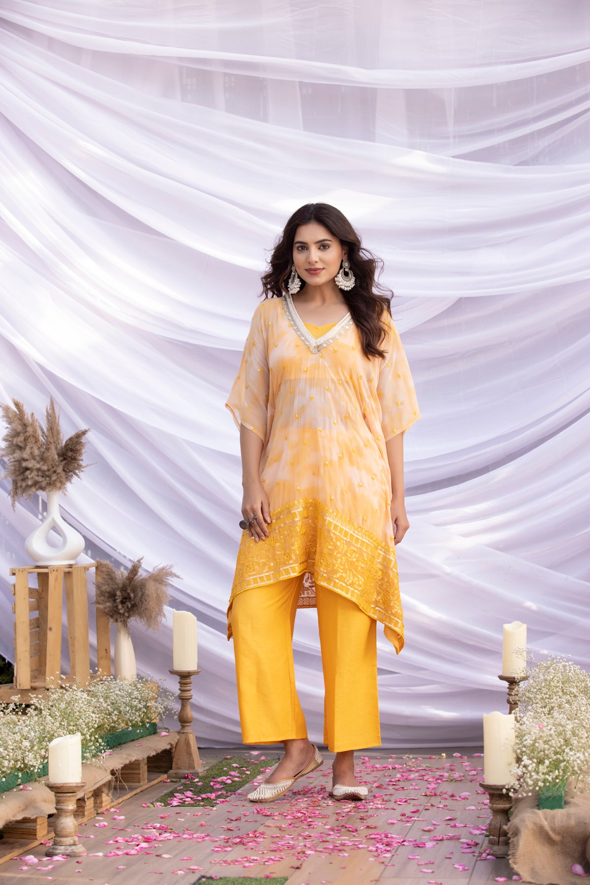 Yellow Shibori Embroidered Kaftan Set
